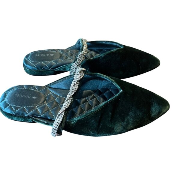 Birdies The Swan Velvet Gem Bracelet Flats Shoes​ Mules Slides 6 Emerald Green - Picture 2 of 8